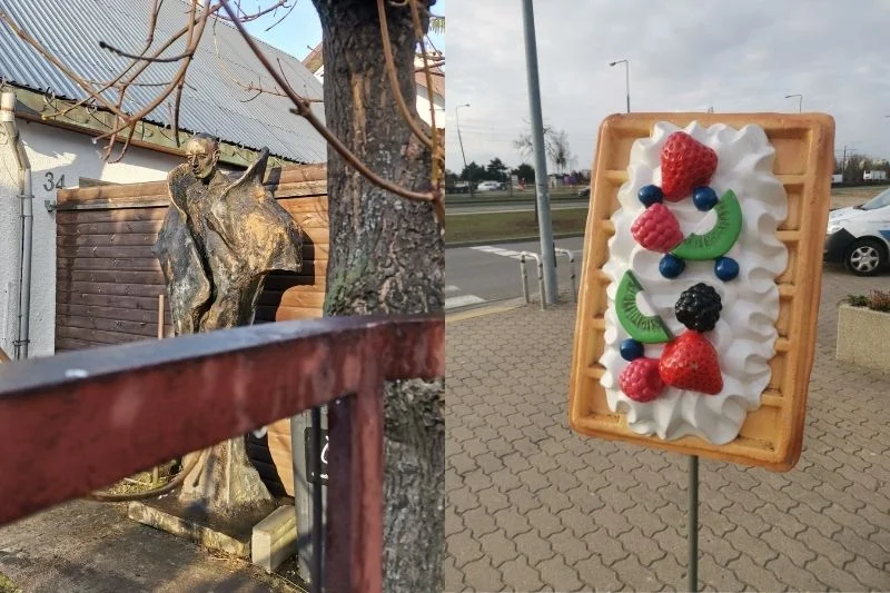 Podczas spacerów można natrafić na lokalne dziwy. Podwórko rzeźbiarza czy wielkiego gofra.
