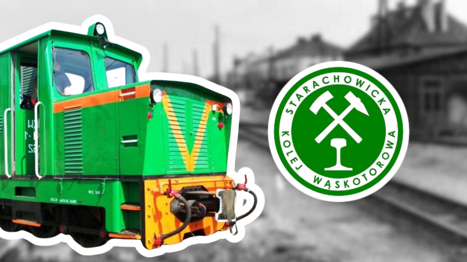 Kolej Wąskotorowa. W tle stare zdjęcie Starachowickiej Kolei sprzed wielu lat. Logo SKW.