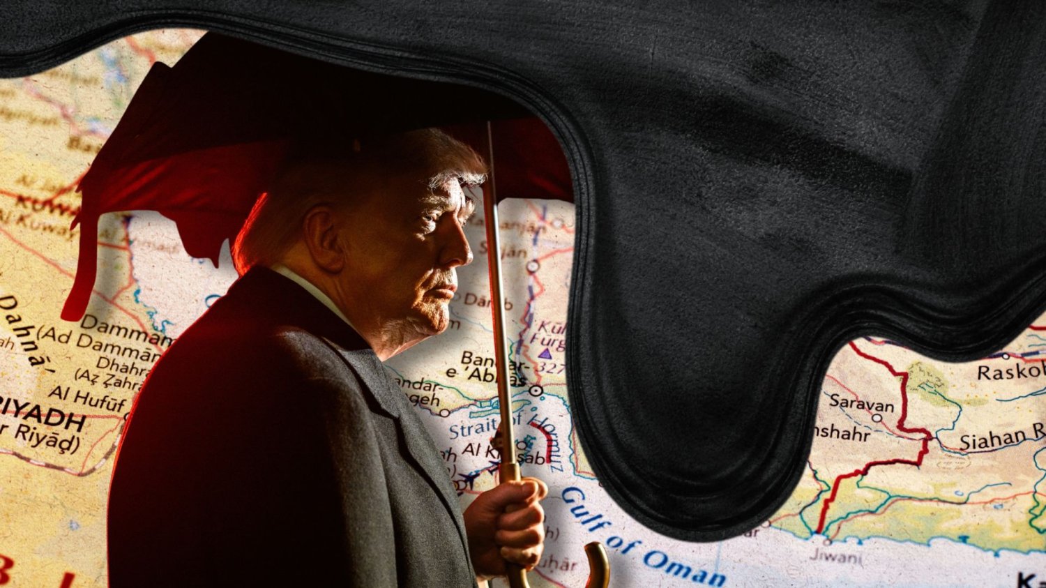 Prezydent USA Donald Trump z parasolem, zalewany ropą na tle cieśniny Ormuz.
