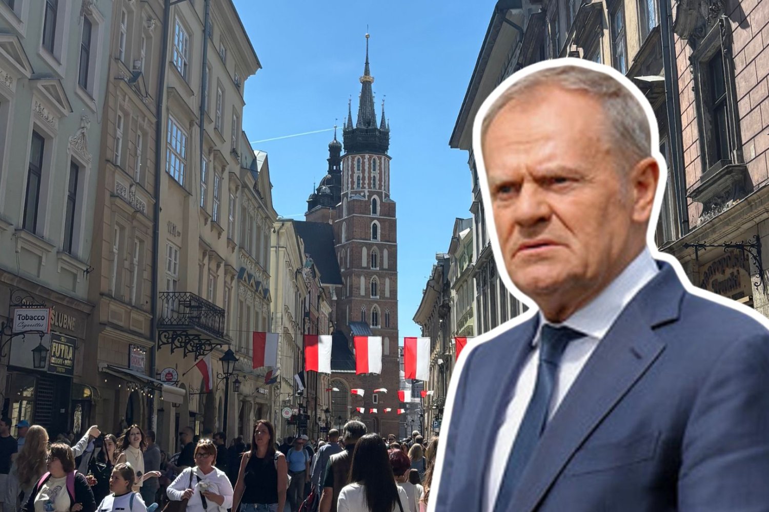 Donald Tusk, w tle turyści w Krakowie.