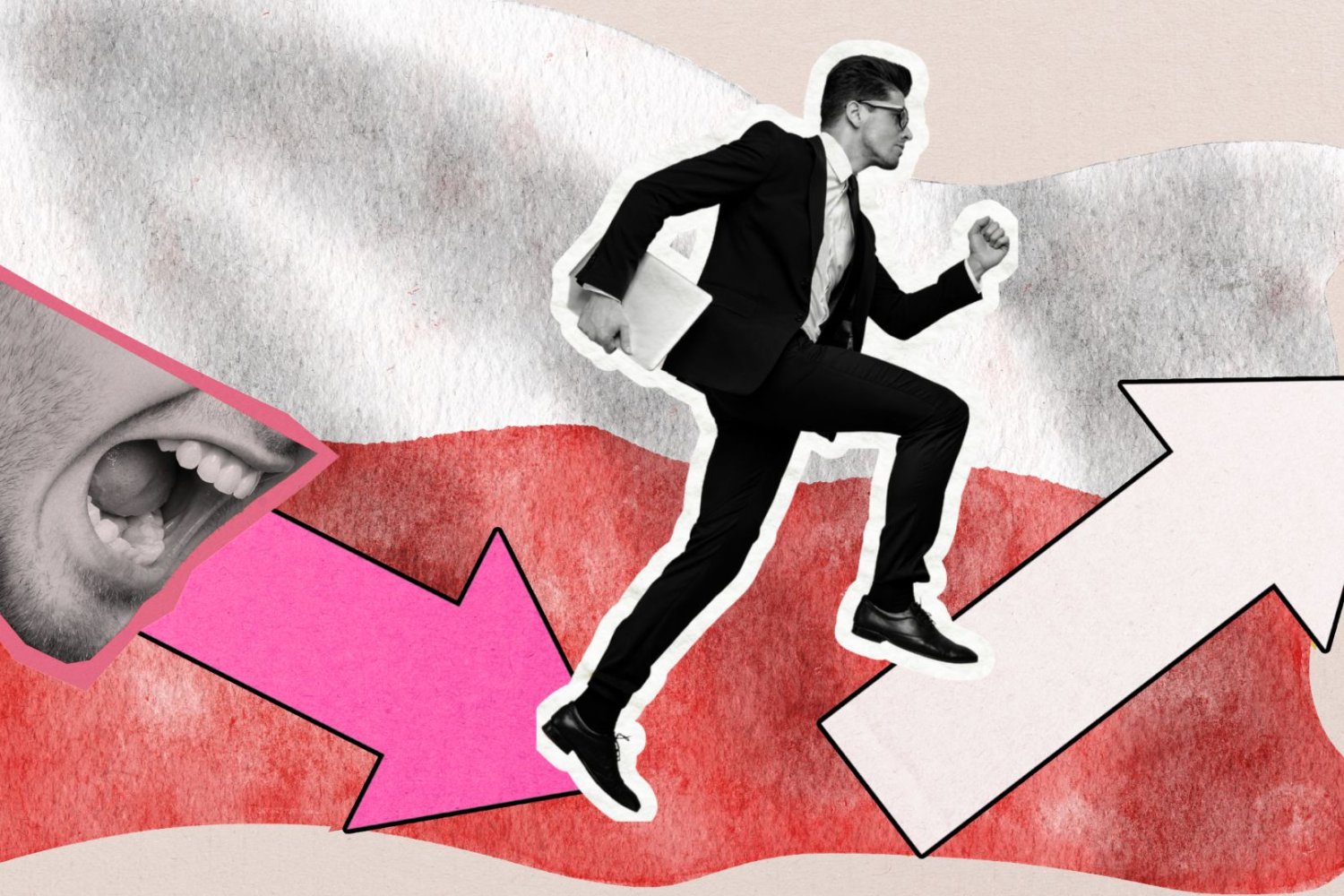 Polska potrzebuje "partii czynu", a nie gaduł. Ktoś musi nas poprowadzić w erze AI Grafika przedstawiająca gadanie prowadzące w dół i działanie w górę, na tle polskiej flagi.