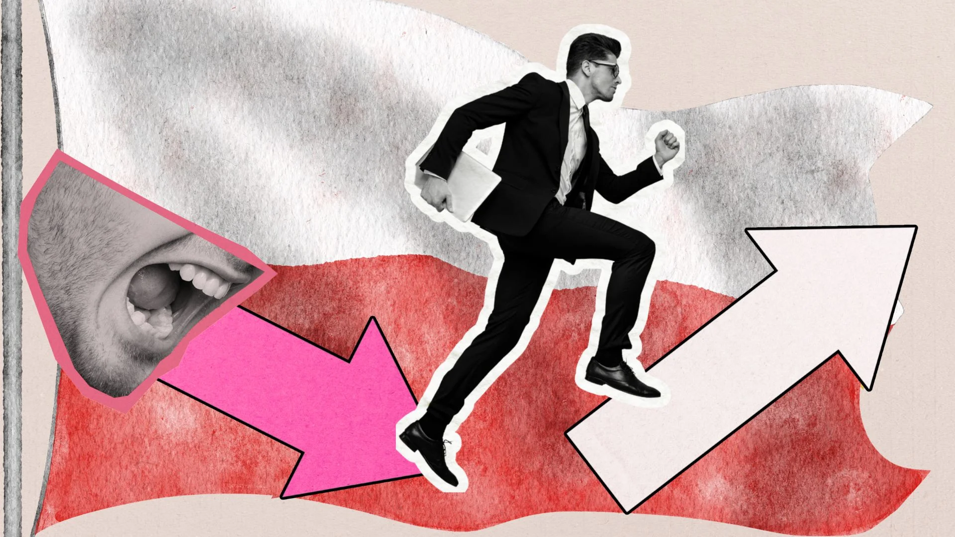 Polska potrzebuje "partii czynu", a nie gaduł. Ktoś musi nas poprowadzić w erze AI Grafika przedstawiająca gadanie prowadzące w dół i działanie w górę, na tle polskiej flagi.