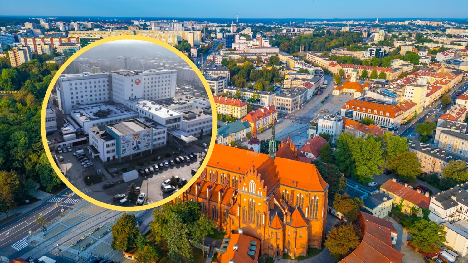 Białystok, panorama miasta. W żółtym kółku szpital dzieciecy.