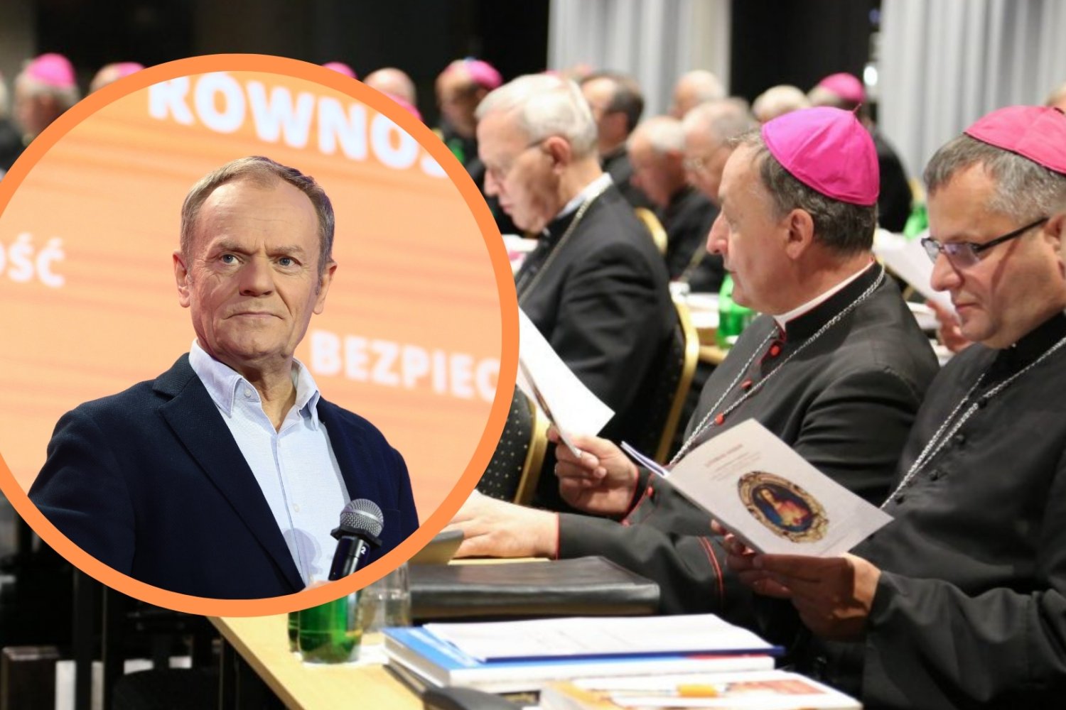 Fundusz Kościelny miał zniknąć, a nadal rośnie. Wiemy, ile Państwo wyda w 2027 roku Konferencja episkopatu Polski. Donald Tusk w pomarańczowym kółeczku z mikrofonem.