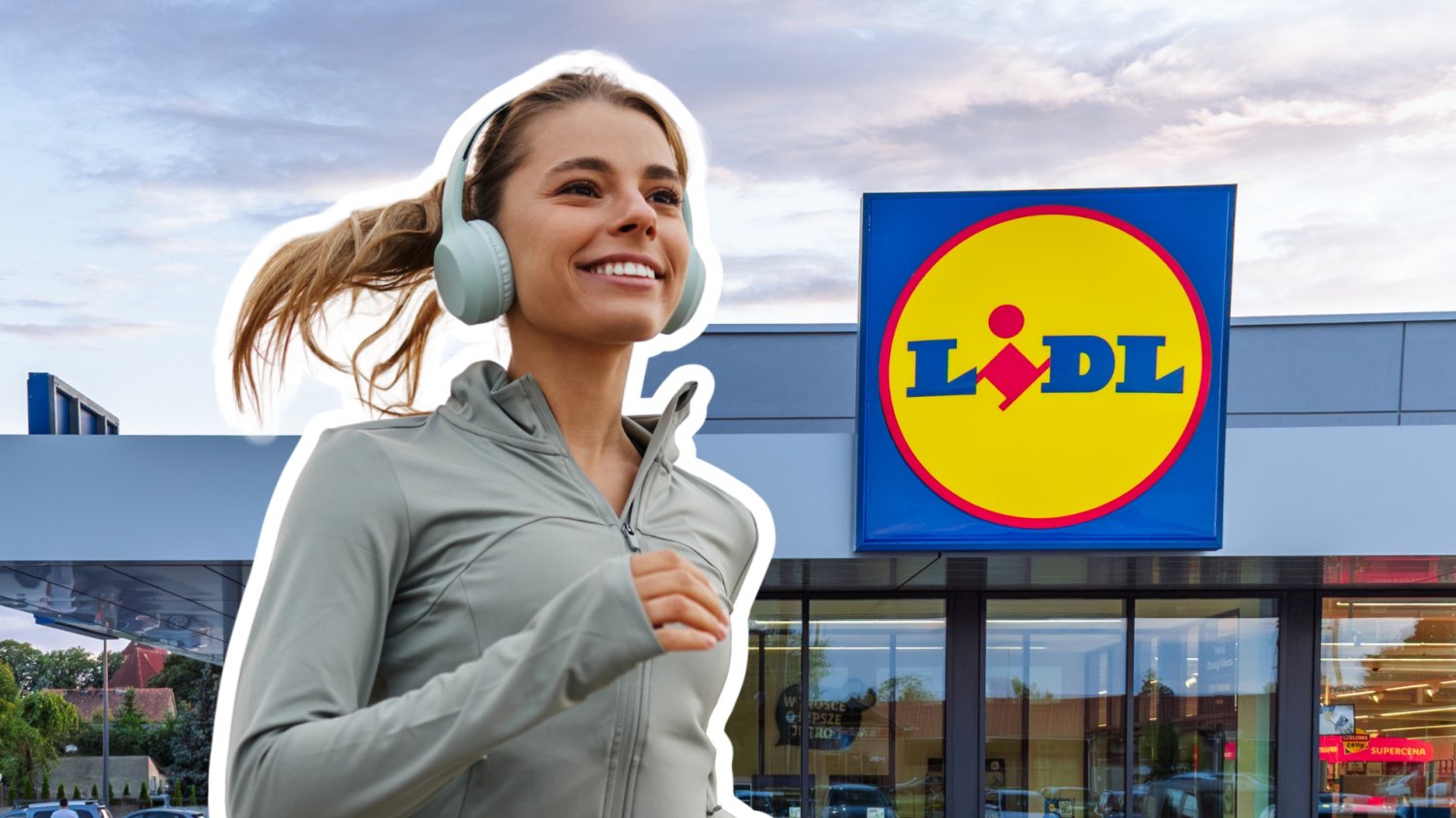Kobieta, która biega. W tle budynek sklepu Lidl