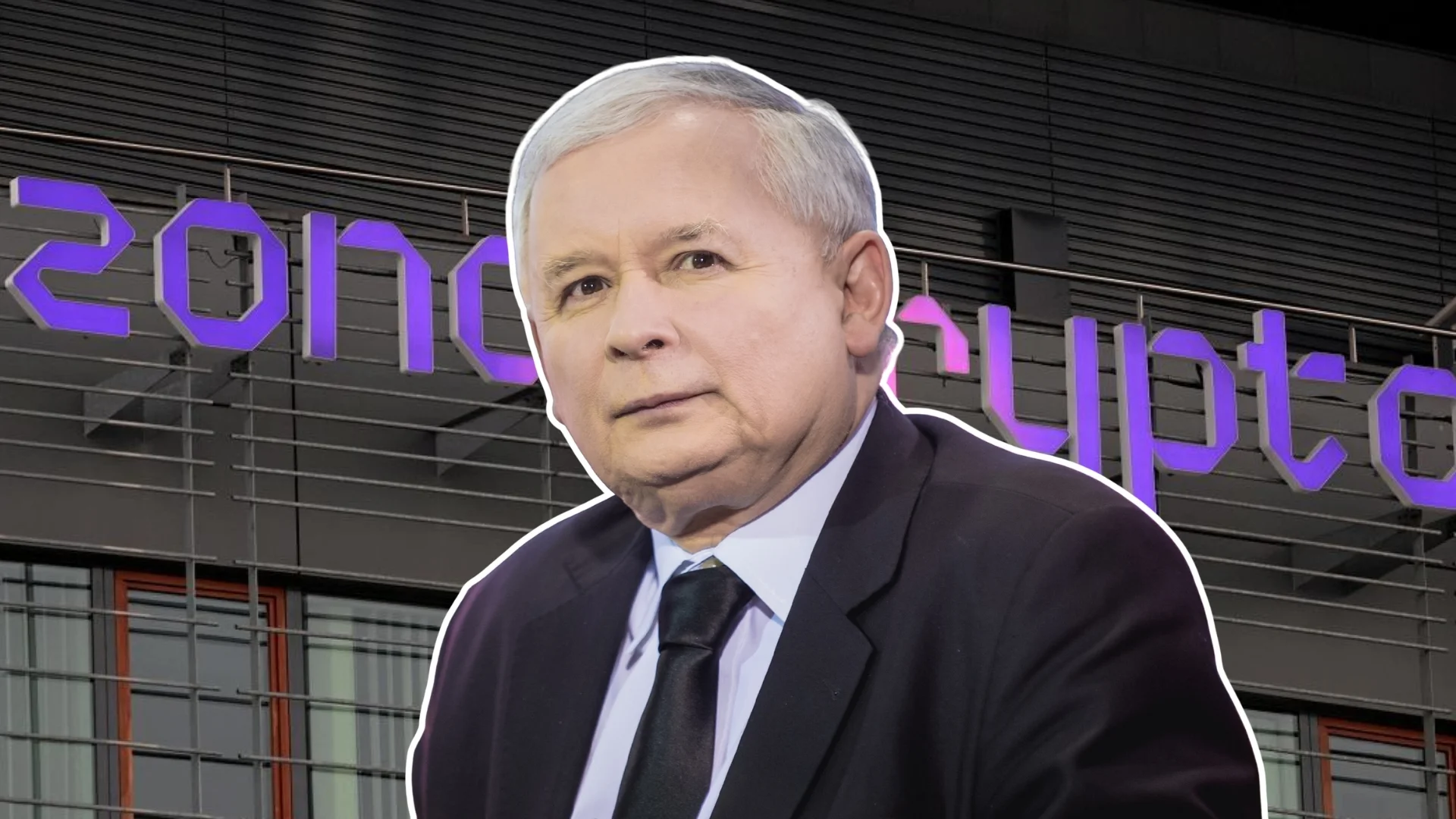 Kaczyński reaguje na aferę Zondacrypto. Prezes chce specjalnej komisji Jarosław Kaczyński. W tle logo Zondacrypto na budynku