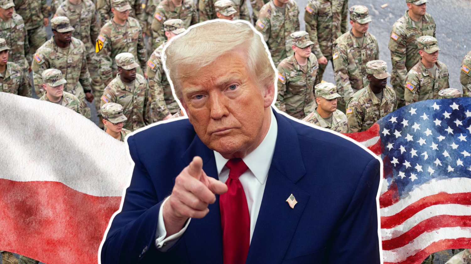 Trump chce wysłać 5 tys. żołnierzy do Polski. Nawet Pentagon nie wie jak to zrobić Donald Trump wskazujący palcem do kamery. W tle amerykańscy żołnierze. Flaga Polski i flaga Stanów Zjednoczonych.