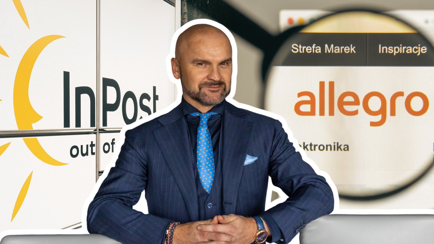 Rafał Brzoska. Za nim paczkomat z napisem InPost i strona internetowa Allegro.