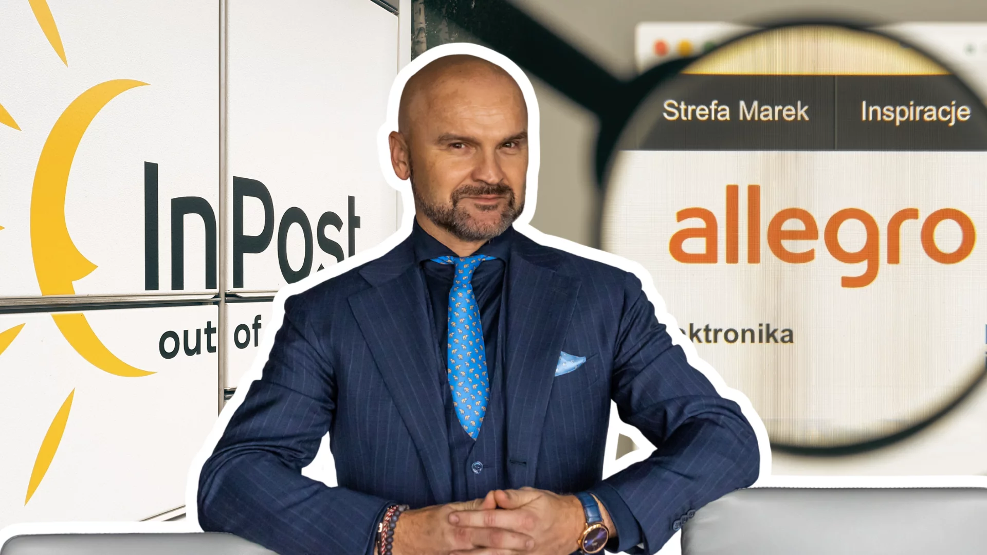 Koniec starcia gigantów. InPost i Allegro zakopują topór wojenny Rafał Brzoska. Za nim paczkomat z napisem InPost i strona internetowa Allegro.