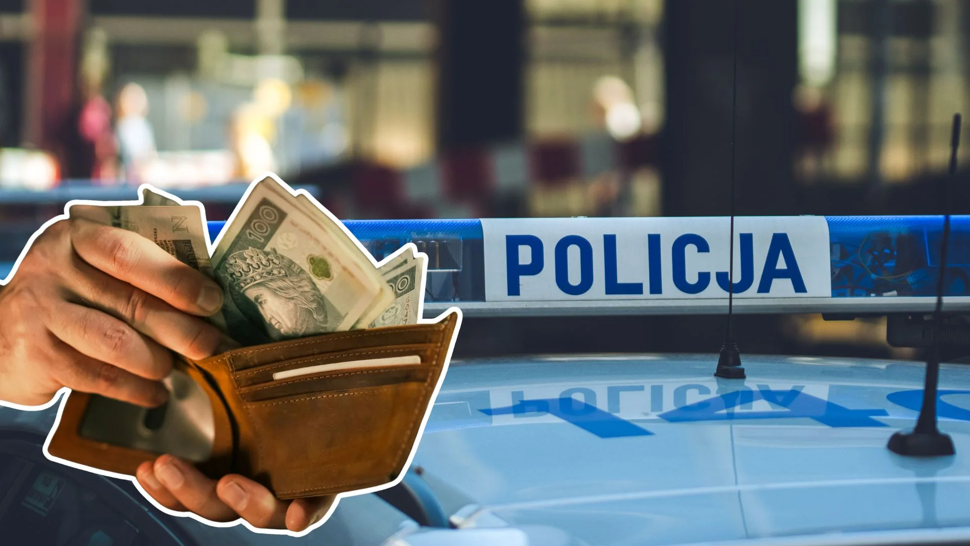Samochód policji z kogutem, portfel z pieniędzmi.