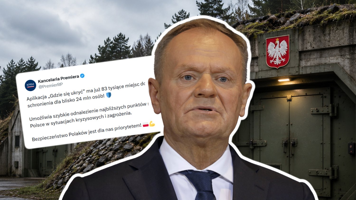 Donald Tusk. W tle wygenerowane schrony wojskowe z godłem Polski. Wpis z portalu X Kancelarii Premiera.