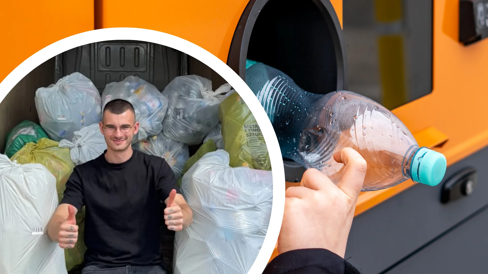 System kaucyjny dał mu pomysł na własny biznes. Polacy pytają, jak na tym zarabia Mężczyzna, który założył własny biznes na systemie kaucyjnym. Pan od Butelek na zdjęciu, za nim mnóstwo butelek zwrotnych. W tle butelkomat