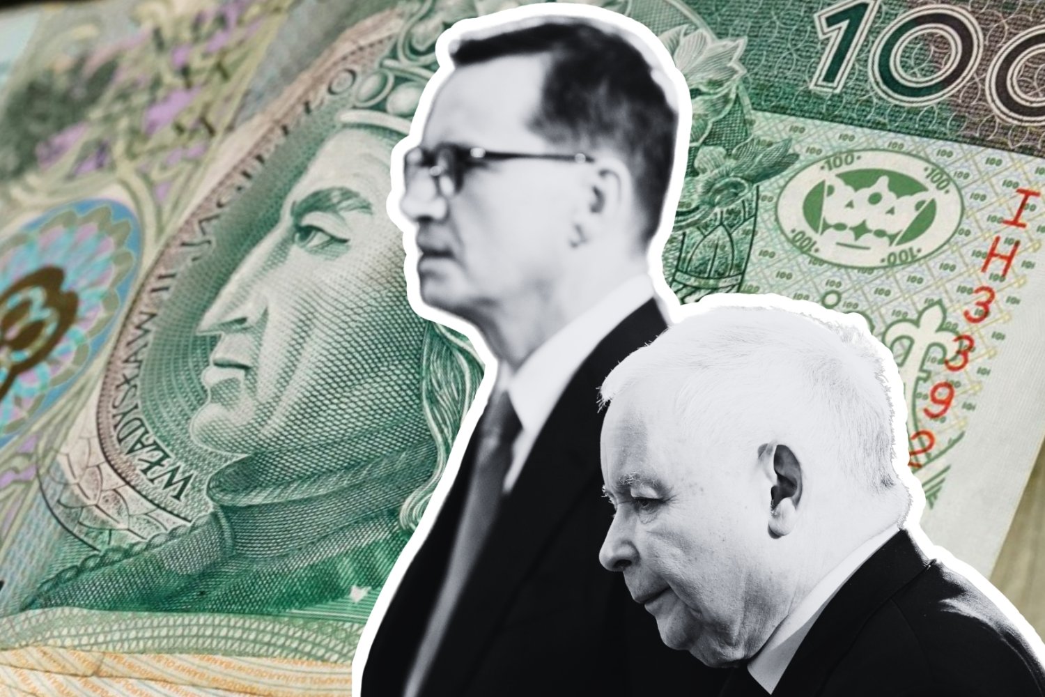 Jarosław Kaczyński i Mateusz Morawiecki na tle pieniędzy