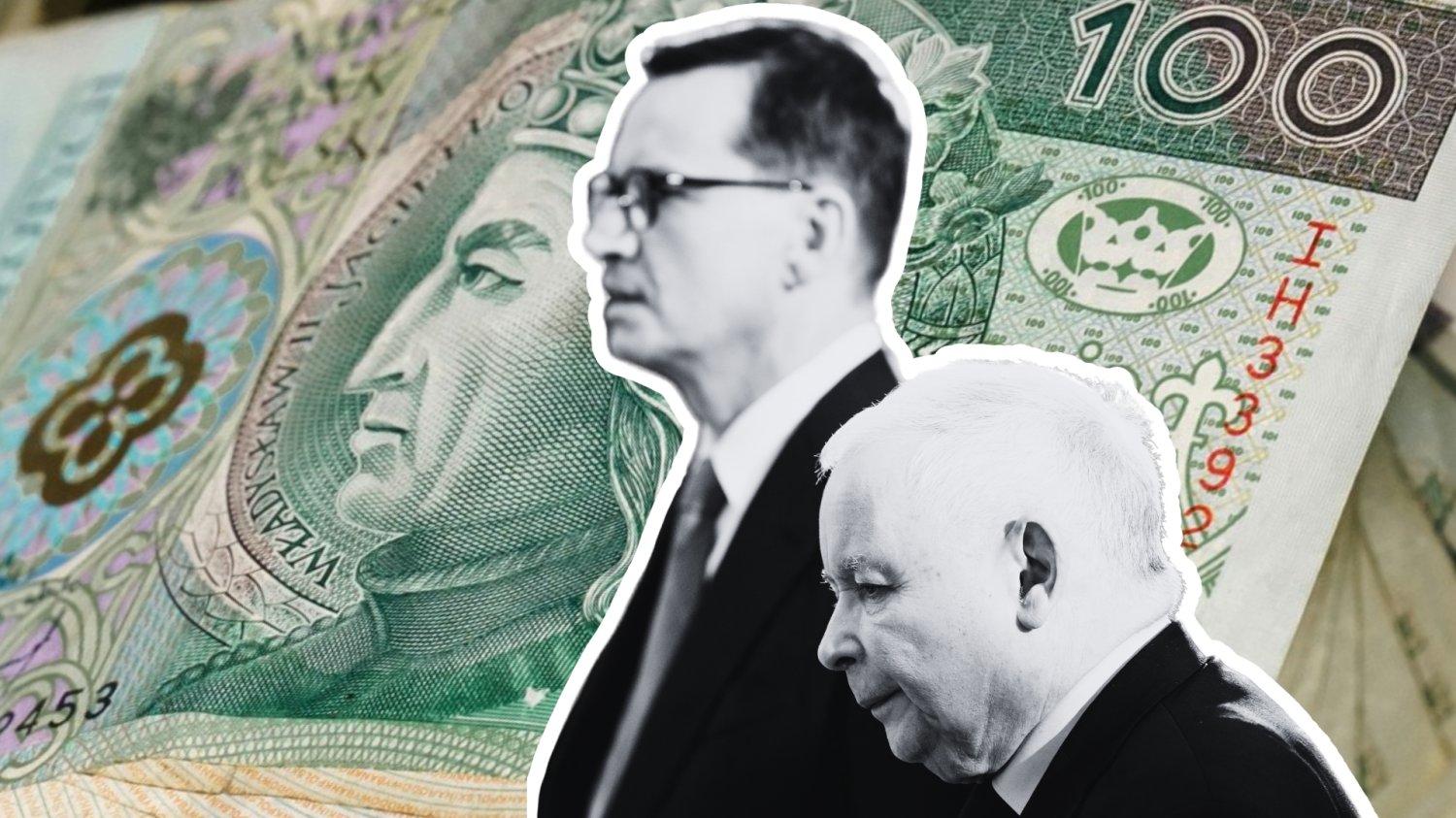 Jarosław Kaczyński i Mateusz Morawiecki na tle pieniędzy