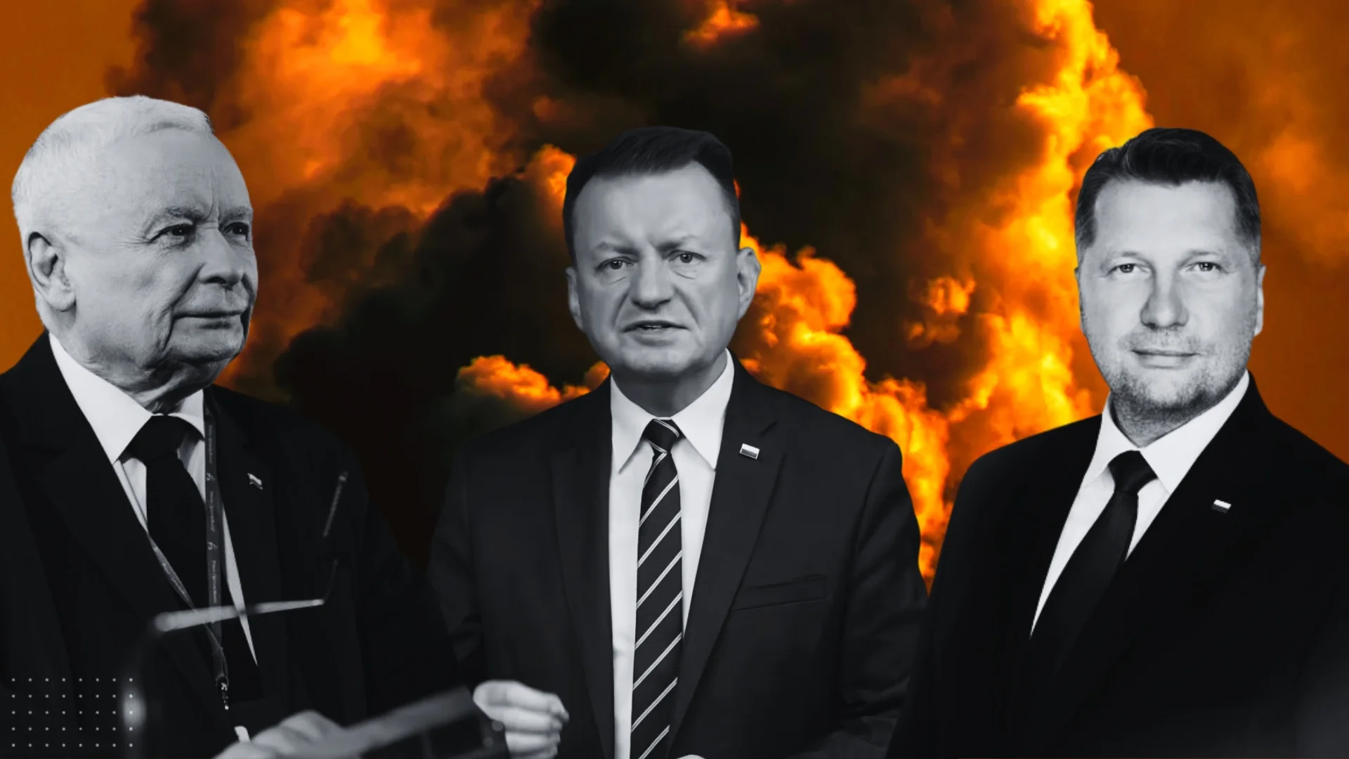 Jarosław Kaczyński, Mariusz Błaszczak i Przemysław Czarnek na tle dymiącego komina