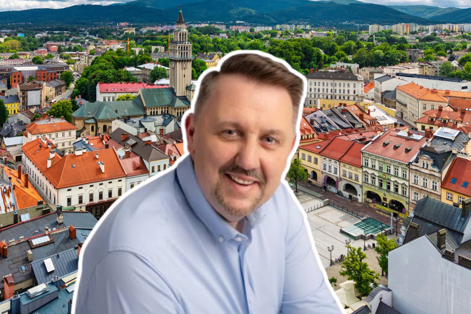 Jarosław Klimaszewski, w tle Bielsko-Biała