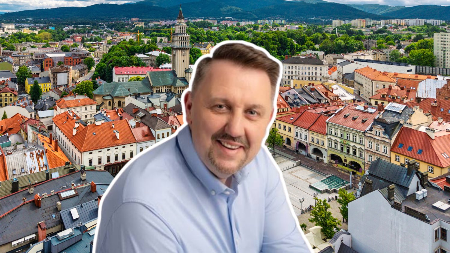 Jarosław Klimaszewski, w tle Bielsko-Biała