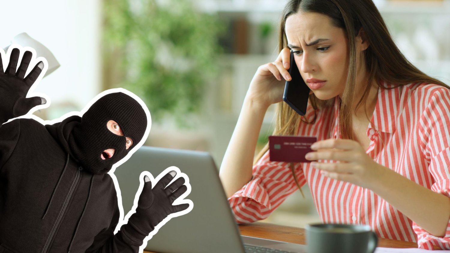 Jak rozpoznać fałszywy sklep internetowy? Oto 5 sygnałów, że to oszustwo Kobieta z kartą płatniczą przy laptopie oraz zdziwiony człowiek w kominiarce. Ta cena jest podejrzanie niska? Tak rozpoznasz sklep, który okradnie Ci kartę