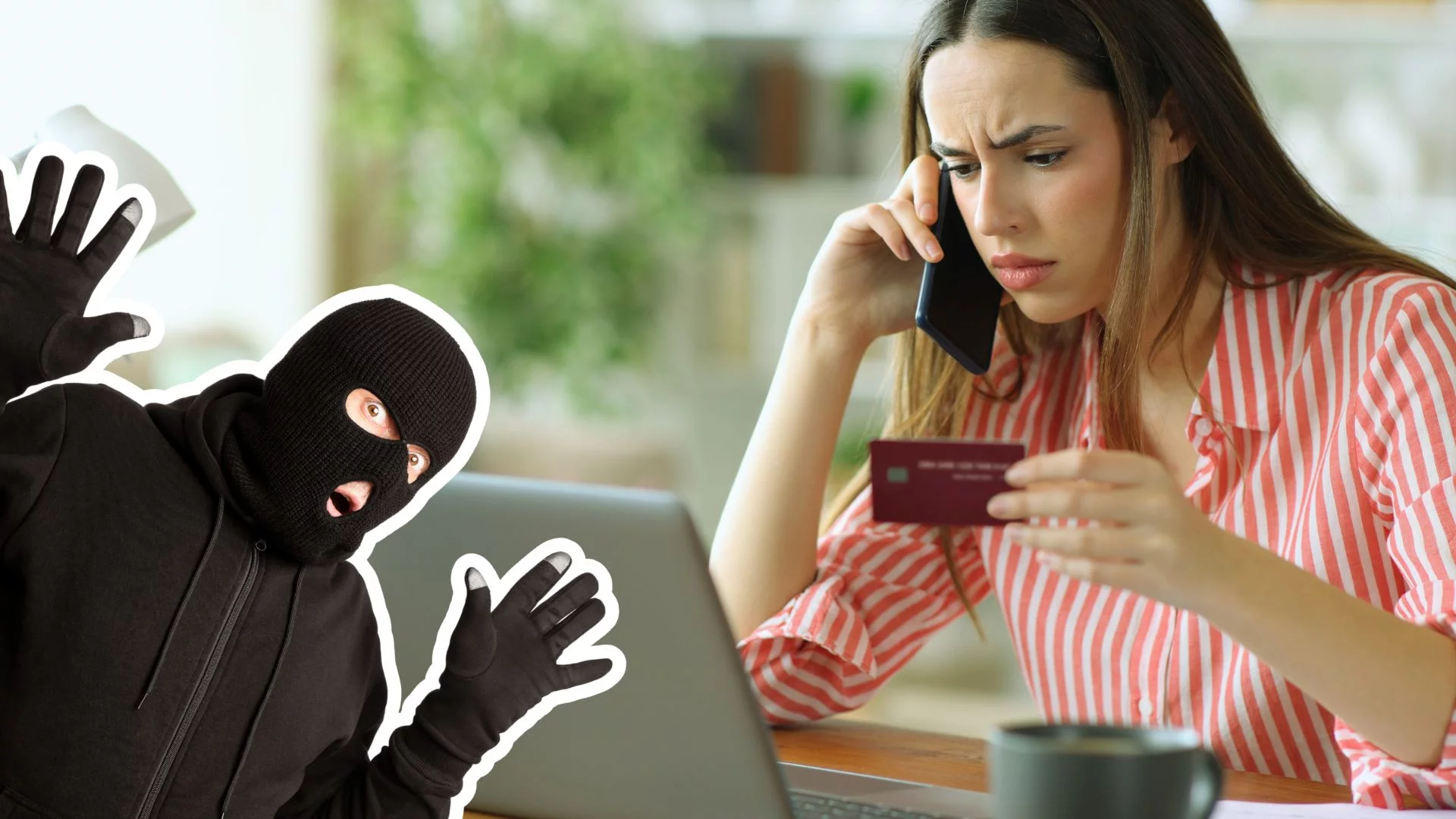Jak rozpoznać fałszywy sklep internetowy? Oto 5 sygnałów, że to oszustwo Kobieta z kartą płatniczą przy laptopie oraz zdziwiony człowiek w kominiarce. Ta cena jest podejrzanie niska? Tak rozpoznasz sklep, który okradnie Ci kartę