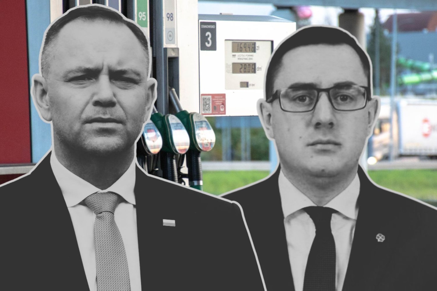 Karol Nawrocki i Miłosz Motyka na tle stacji paliw.