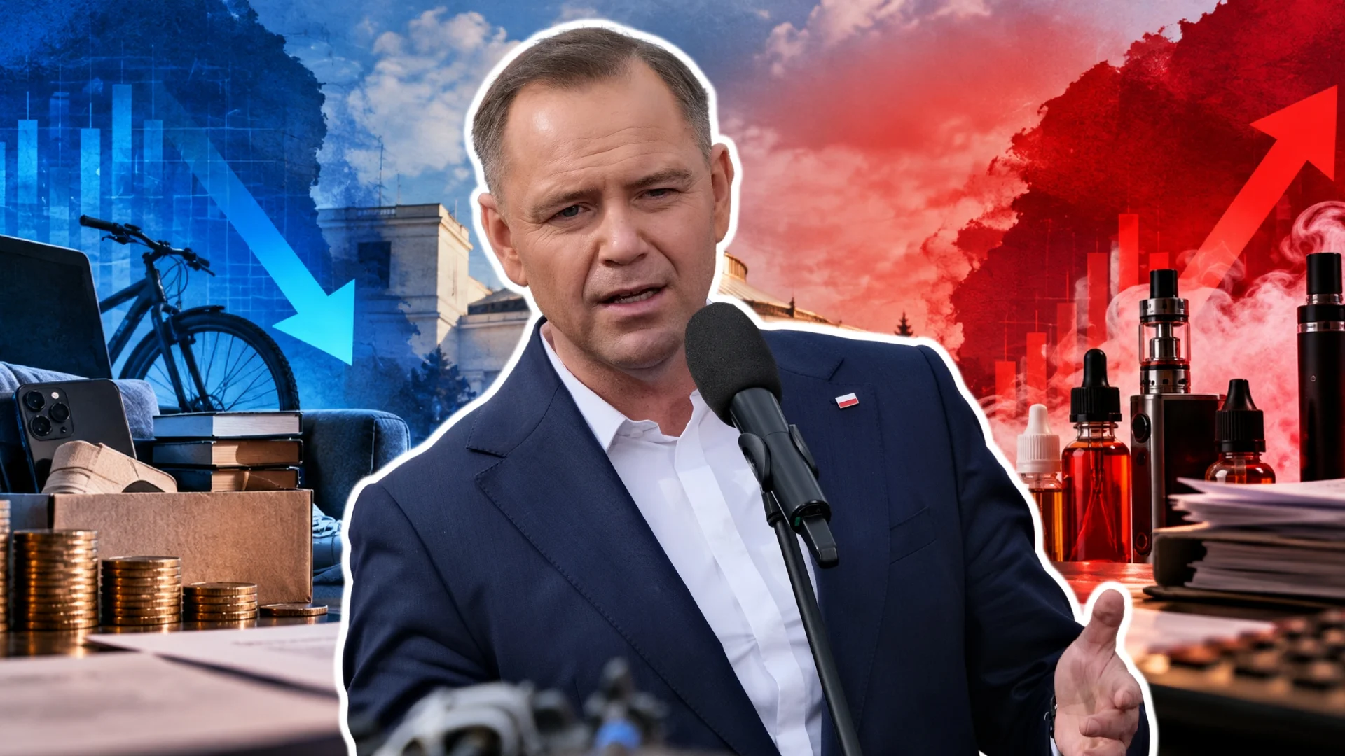 Prezydent zatwierdził zmiany w podatkach. Limit jednego z nich wzrośnie aż trzykrotnie Karol Nawrocki, prezydent Polski. W tle budynek sejmu, używane rzeczy, olejki do e-papierosów, pieniądze.