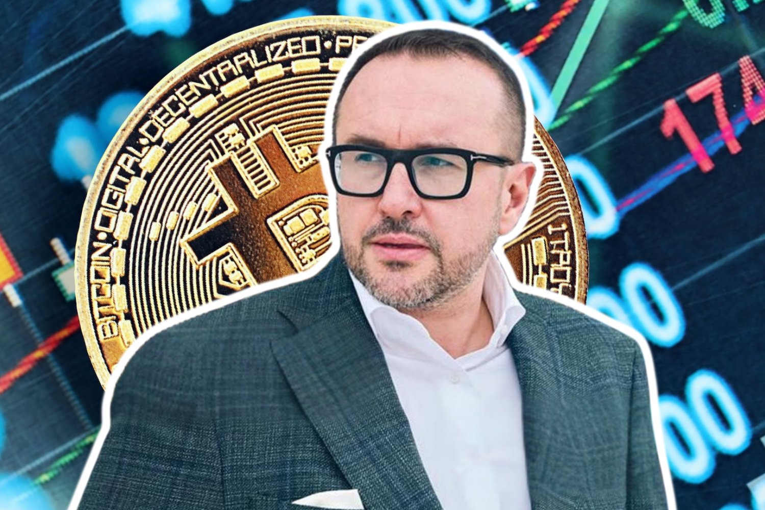 Przemysław Kral. Były szef Zondacrypto. W tle wykresy giełdowe i moneta Bitcoin.