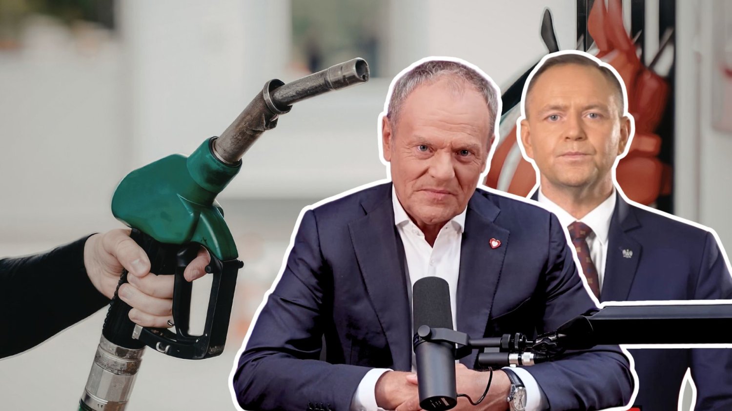 Karol Nawrocki, Donald Tusk, dystrybutor paliwa na stacji benzynowej.