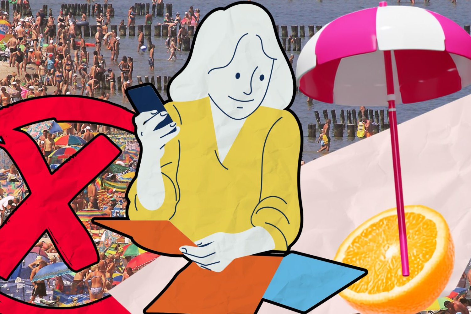 Kobieta planuje wakacje ze smartfonem, w tle zatłoczona plaża z przekreśleniem.