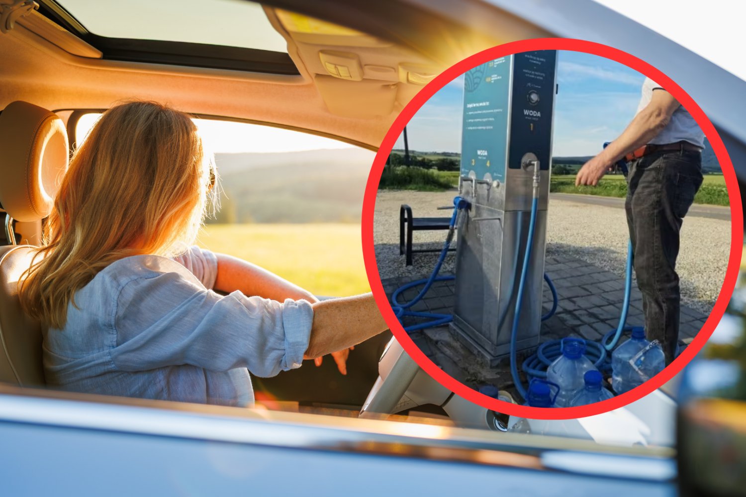 Nietypowa stacja pod Wrocławiem. Kierowcy tankują pod korek za 33 grosze Kobieta w samochodzie w słoneczną pogodę. Automat z wodą w czerwonym kółku.