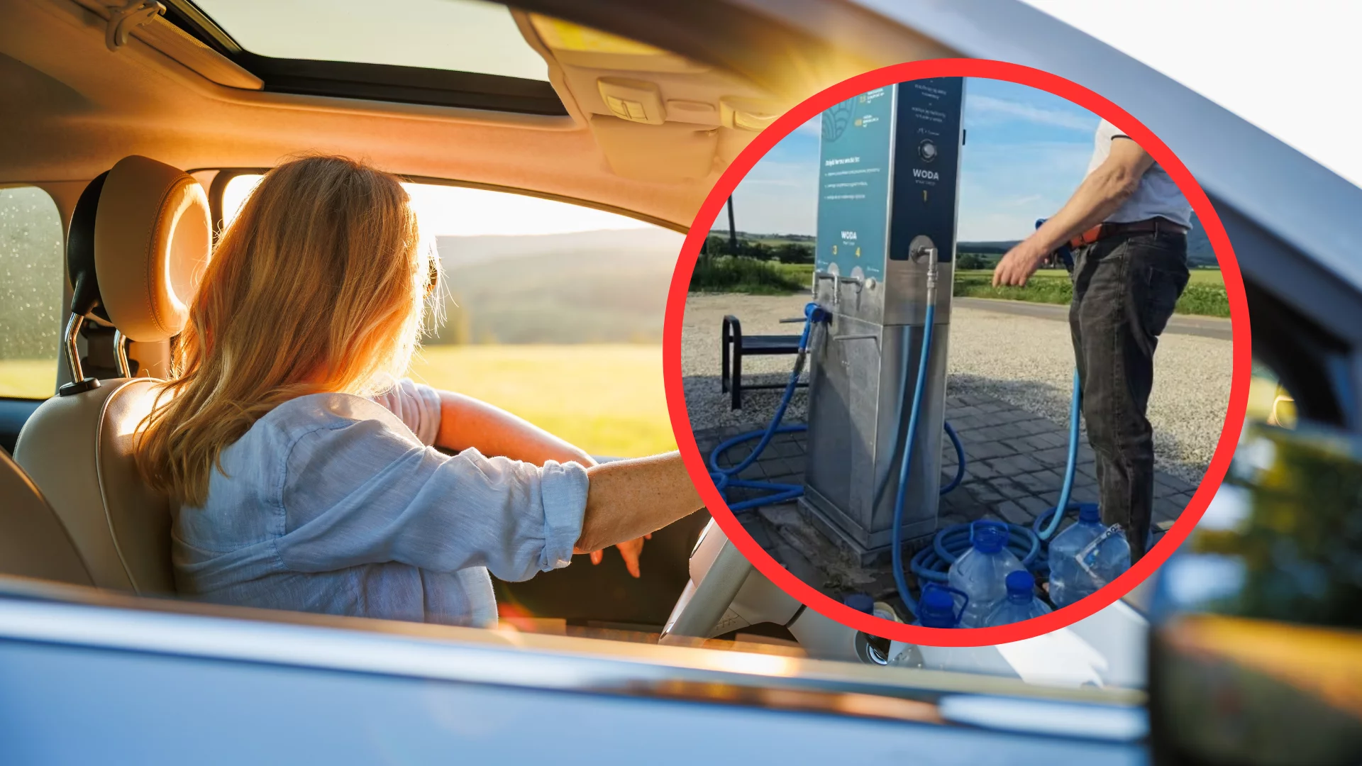Kobieta w samochodzie w słoneczną pogodę. Automat z wodą w czerwonym kółku.