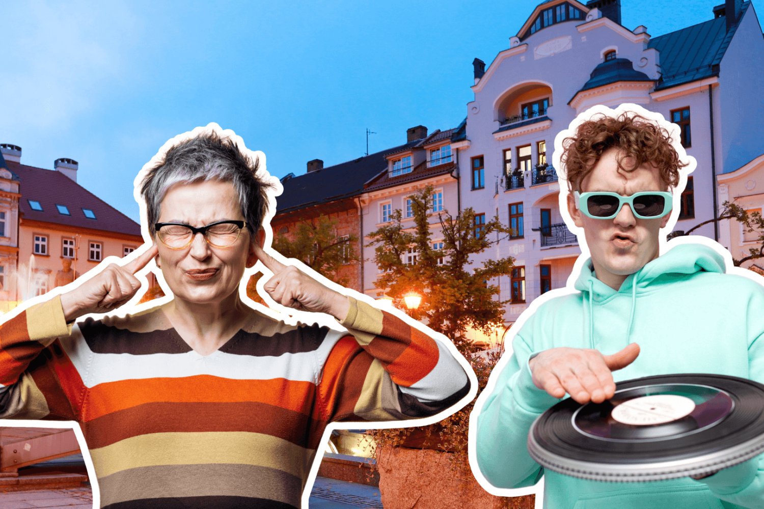 Kobieta zatyka uszy, obok niej DJ, w tle plac w Bielsku-Białej.