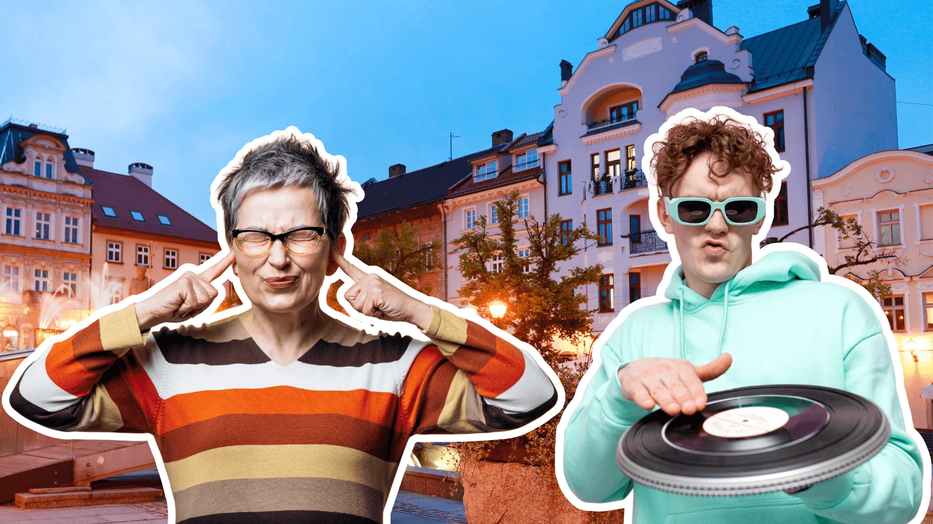 W Bielsku-Białej nie wyciągnęli wniosków z błędów. "Całonocny łomot" Kobieta zatyka uszy, obok niej DJ, w tle plac w Bielsku-Białej.