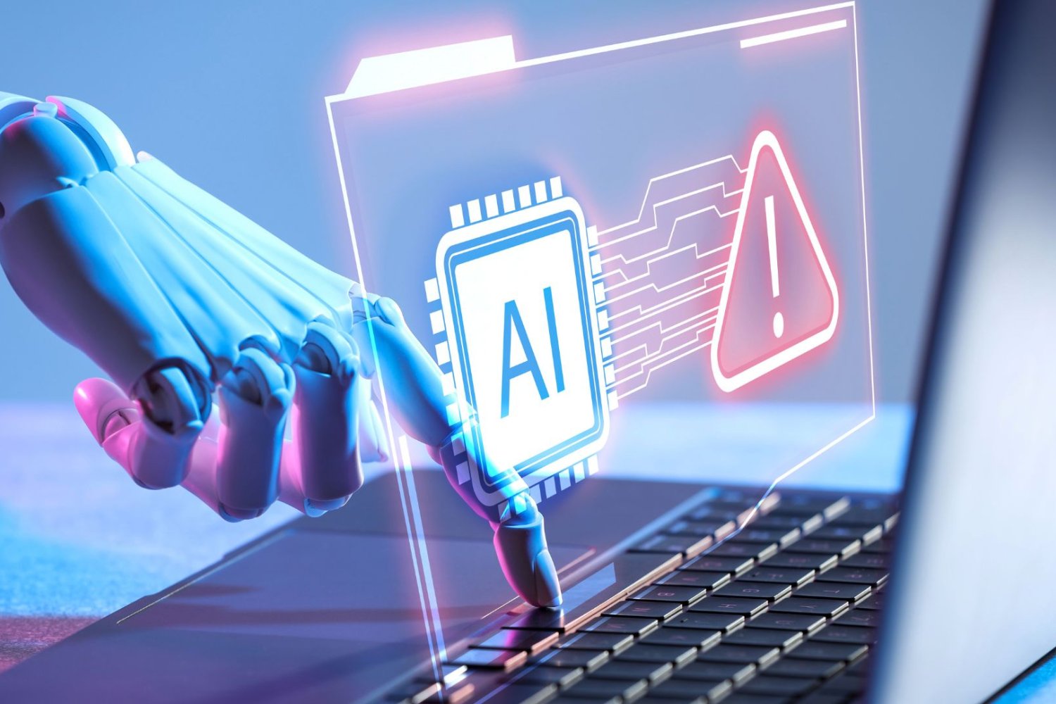 ręka robota, sztuczna inteligencja, laptop.