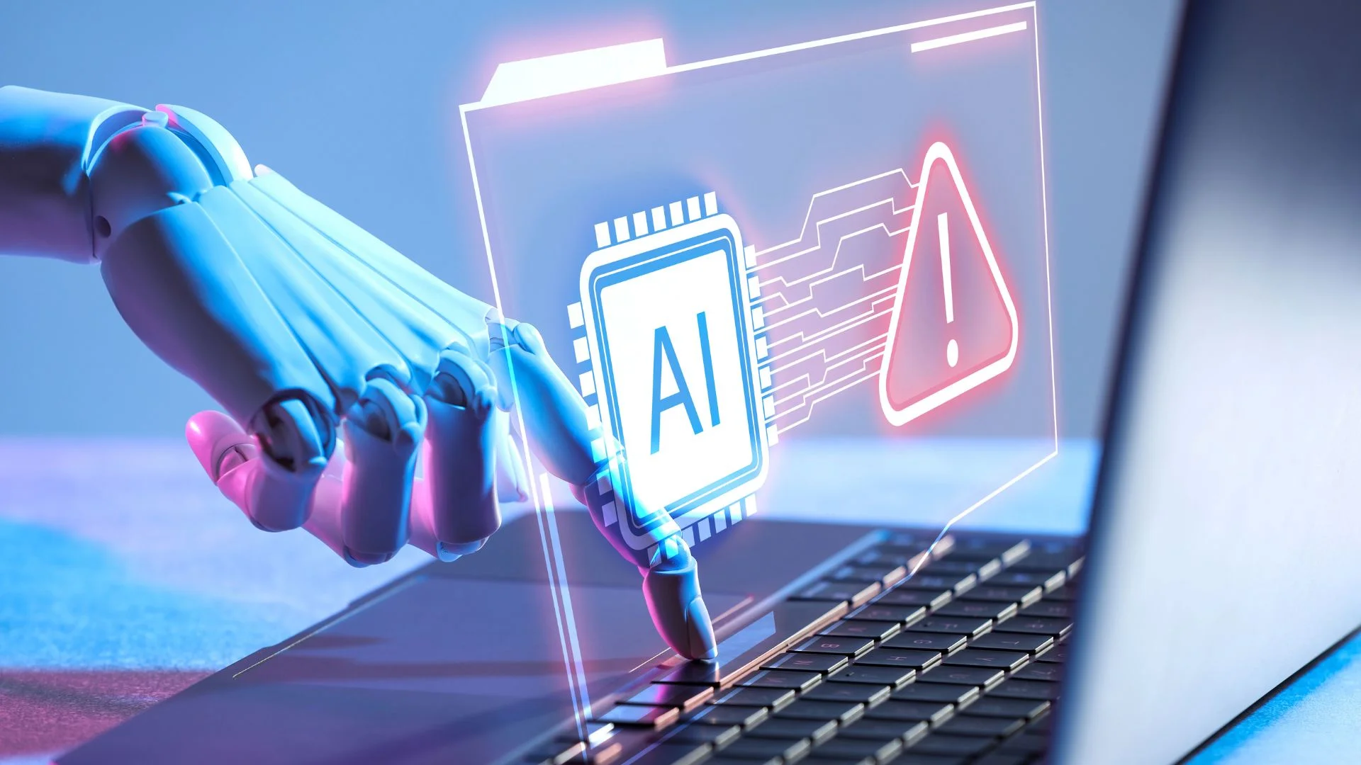 Nadzór nad sztuczną inteligencją w Polsce: Nowy bat na branżę tech wchodzi w życie. ręka robota, sztuczna inteligencja, laptop.