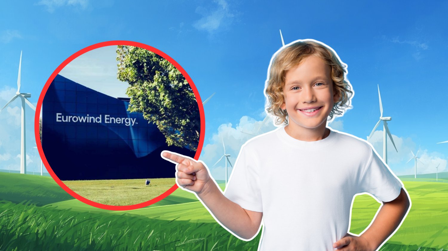 Eurowind rusza z kampanią "Kręcimy wyobraźnię". Przyszłość puka do szkolnych drzwi Chlopiec uśmiechniety, ktory wskazuje na firmę Eurowidn. W tle rysunkowa farma wiatrowa.