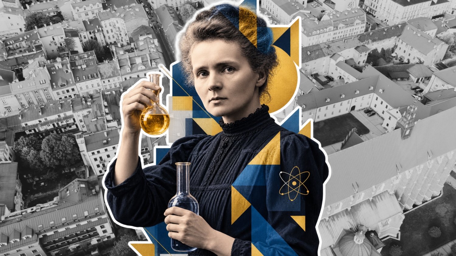 Sejm ustanowił 2027 Rokiem Nauki. Jego patronką zostanie wybitna Polka Maria Skłodowska-Curie. W tle polskie miasto z lotu ptaka.