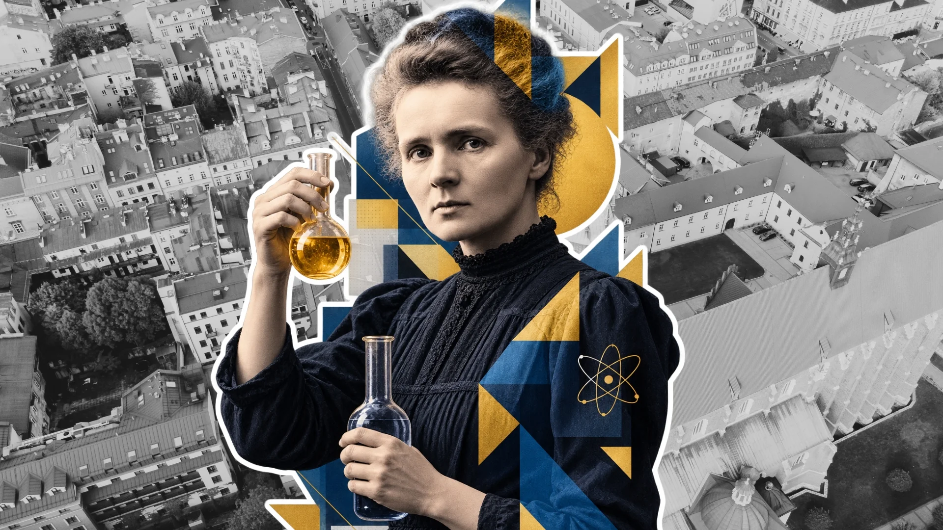 Sejm ustanowił 2027 Rokiem Nauki. Jego patronką zostanie wybitna Polka Maria Skłodowska-Curie. W tle polskie miasto z lotu ptaka.