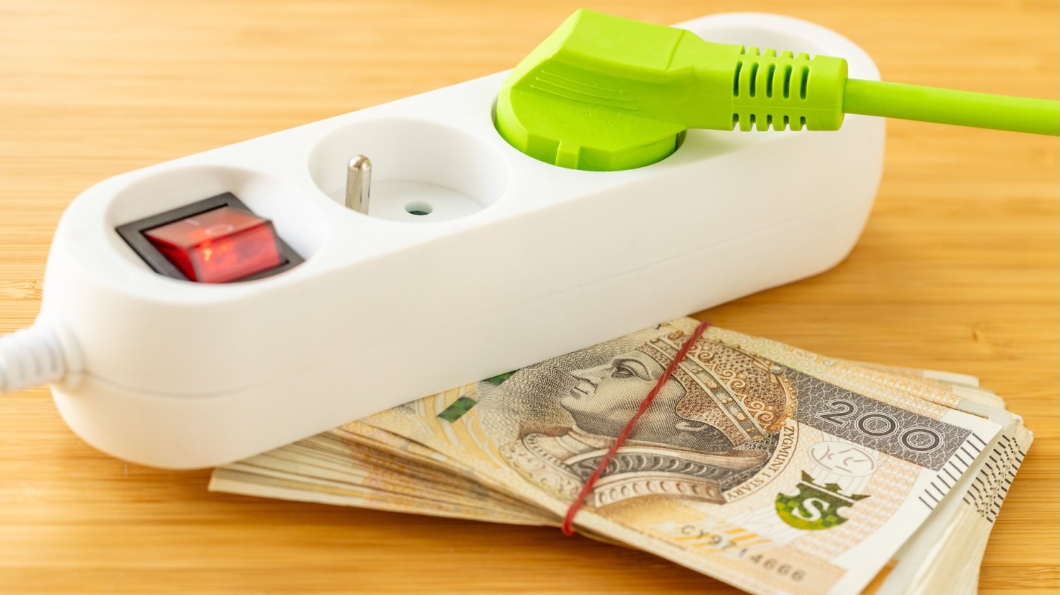 Listwa z podłączoną wtyczką elektryczną, a pod nią stos banknotów 200 zł.