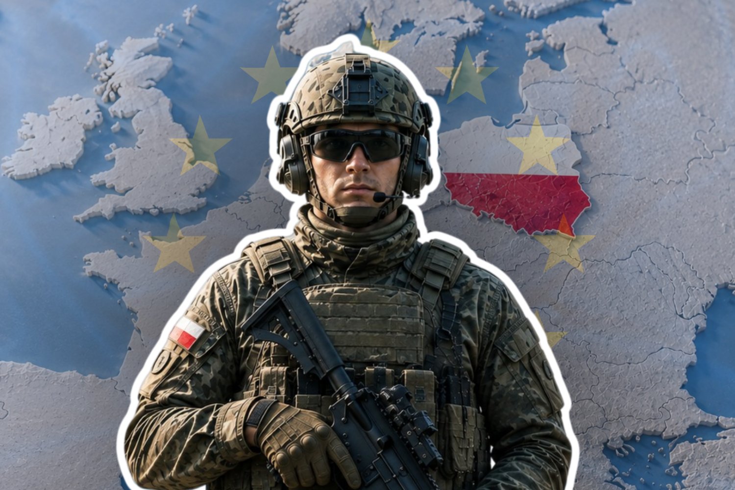 Żołnierz polski. W tle mapa Europy i zaznaczona Polska.