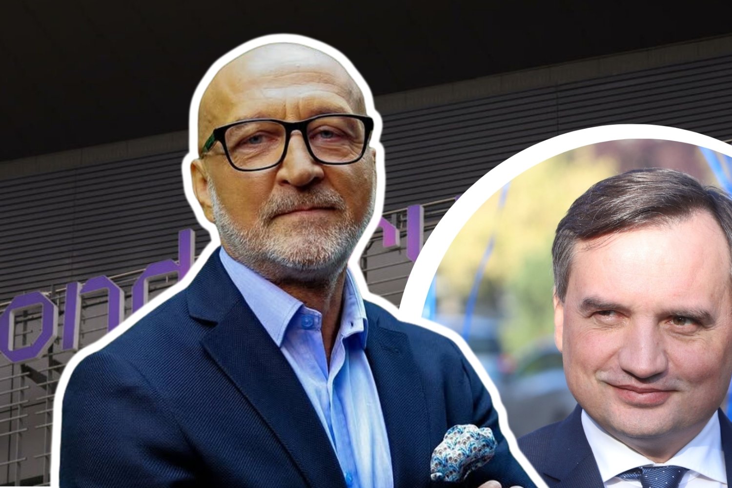 Marcinkiewicz uderza w Ziobrę i Kaczyńskiego. Afera Zondacrypto rozkręca się Marcinkiewicz i Zbigniew Ziobro. W tle budynek z logo Zondacrypto