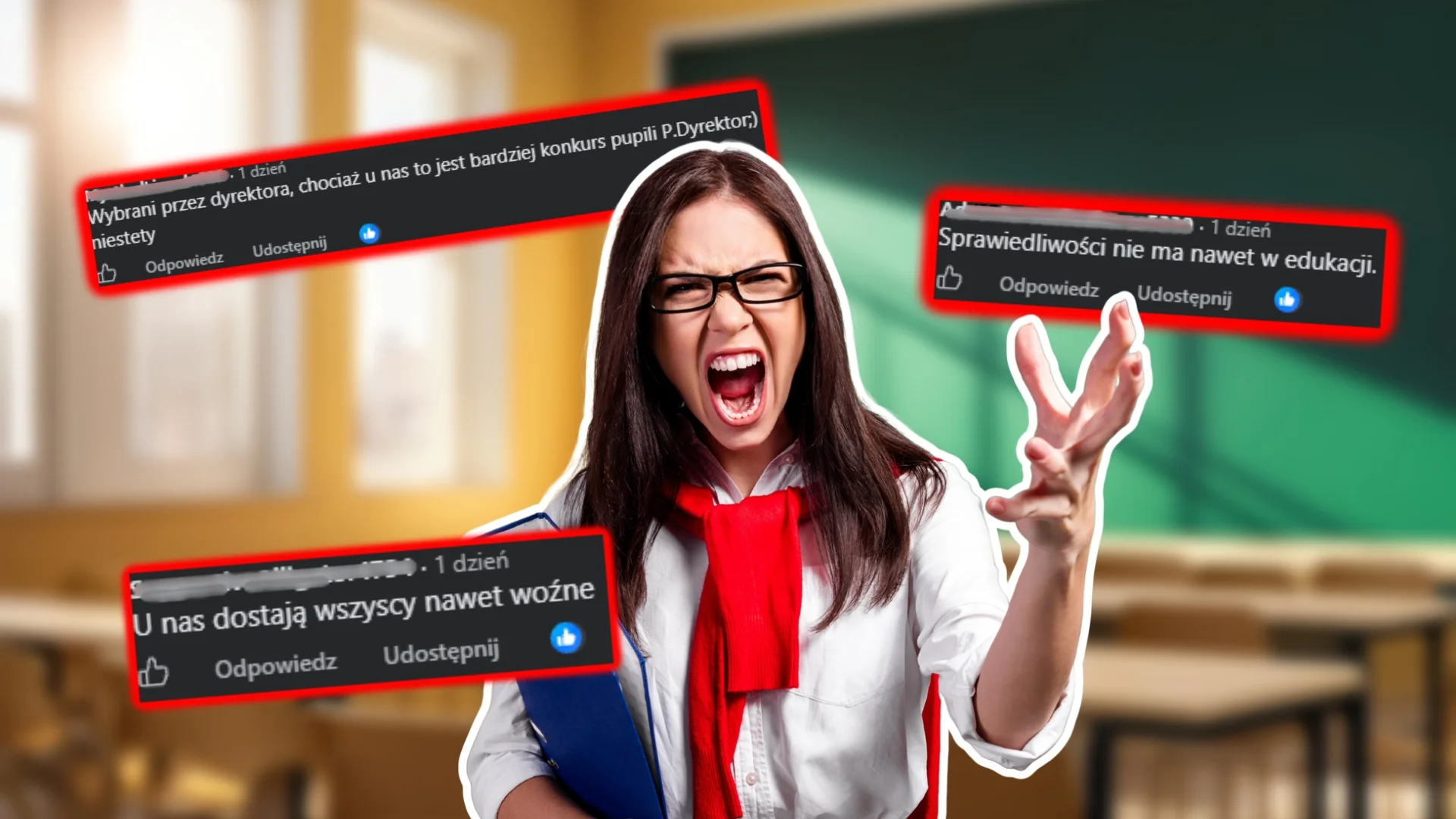 Wściekła nauczycielka. Sala lekcyjna. Komentarze z Facebooka.