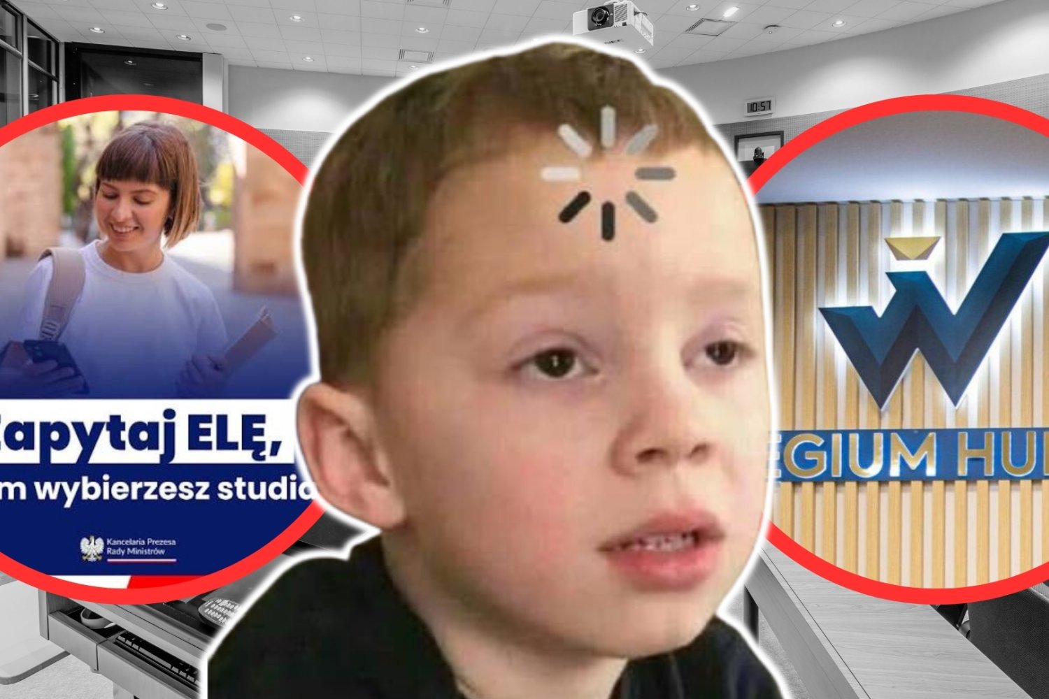 ELA Uczeń doradziła mi, jakie studia wybrać. Naprawdę mam uczyć się na Collegium Humanum? Mem dziecko z kółkiem ładowania wideo na czole. W tle sala wykladowa. Po jednej stronie w kółku Collegium Humanum. Po drugiej stronie plakat zachecajacy do odwiedzenia strony ELA, też w kółku.