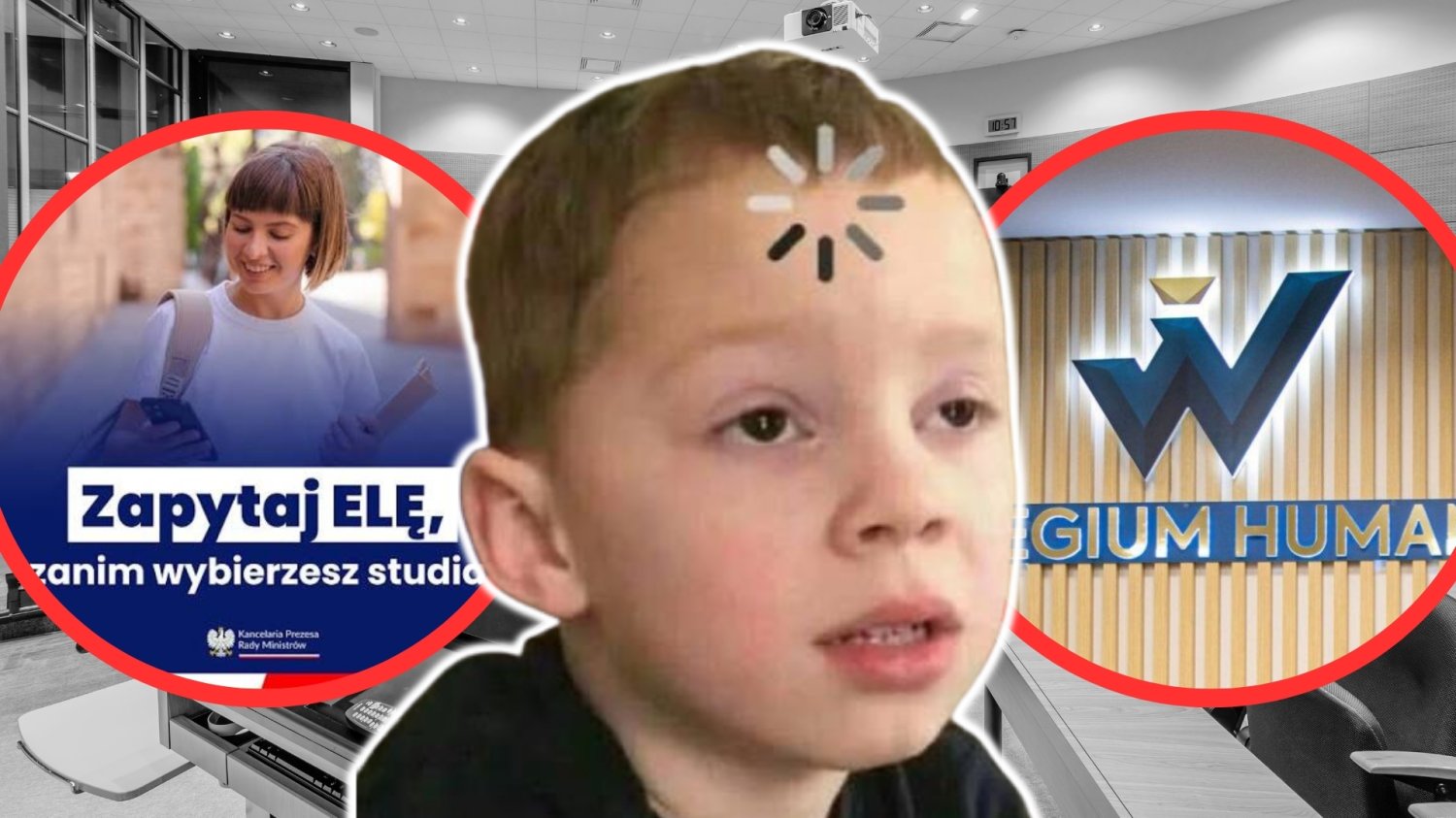 Mem dziecko z kółkiem ładowania wideo na czole. W tle sala wykladowa. Po jednej stronie w kółku Collegium Humanum. Po drugiej stronie plakat zachecajacy do odwiedzenia strony ELA, też w kółku.