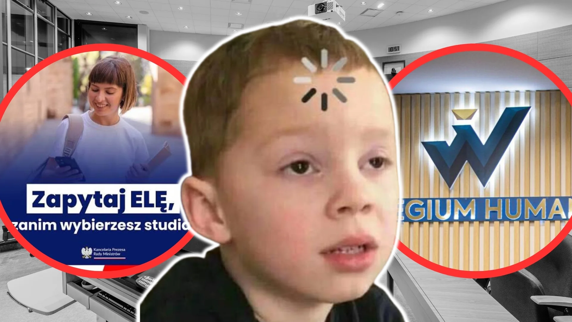 ELA Uczeń doradziła mi, jakie studia wybrać. Naprawdę mam uczyć się na Collegium Humanum? Mem dziecko z kółkiem ładowania wideo na czole. W tle sala wykladowa. Po jednej stronie w kółku Collegium Humanum. Po drugiej stronie plakat zachecajacy do odwiedzenia strony ELA, też w kółku.