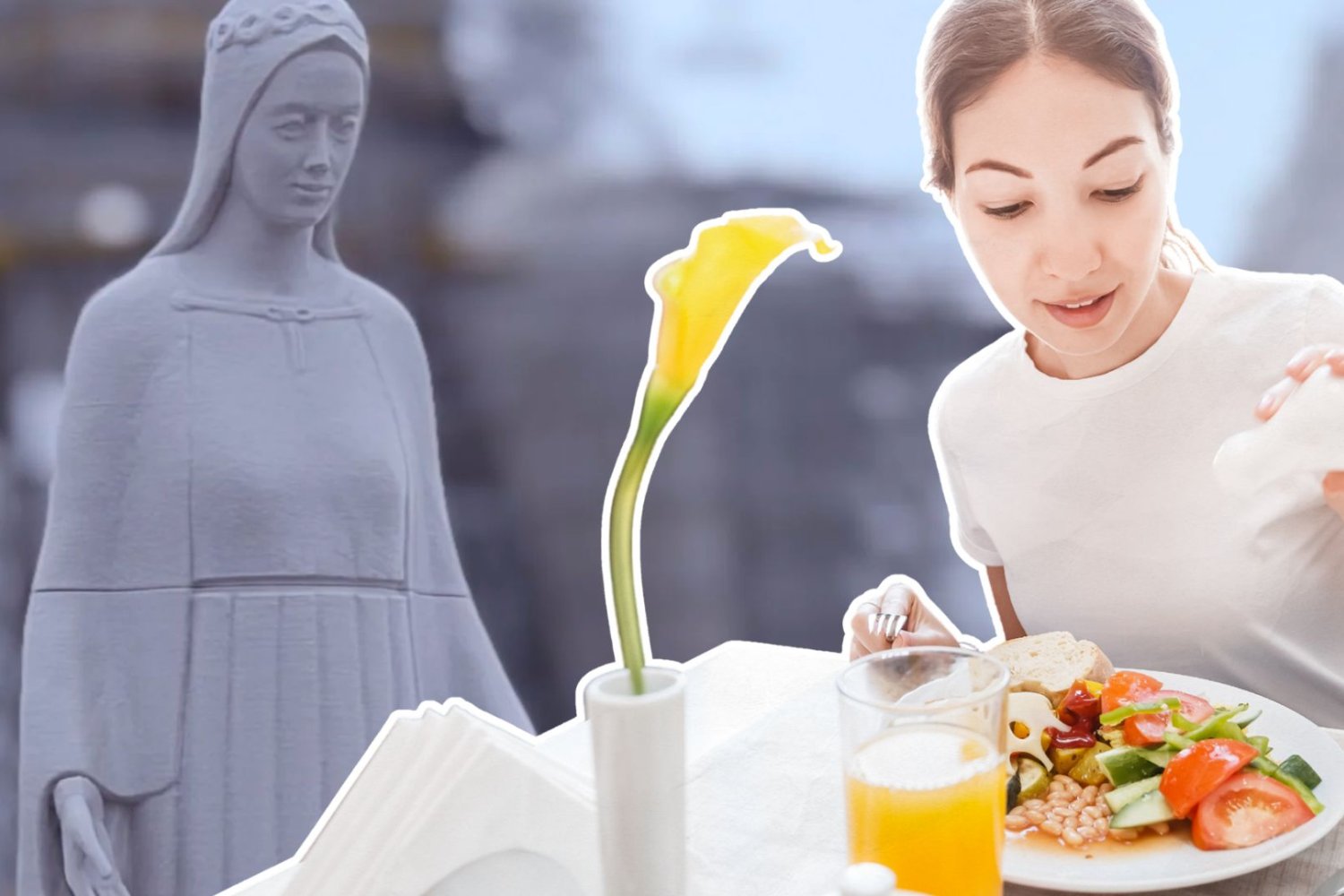 Model figury Matki Boskiej Bolesnej z Konotopia i kobieta w restauracji.