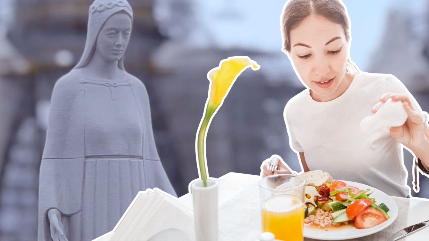 Menu pielgrzyma z widokiem na gigantyczną Maryję. Tak Konotopie zarabiają na katolikach Model figury Matki Boskiej Bolesnej z Konotopia i kobieta w restauracji.
