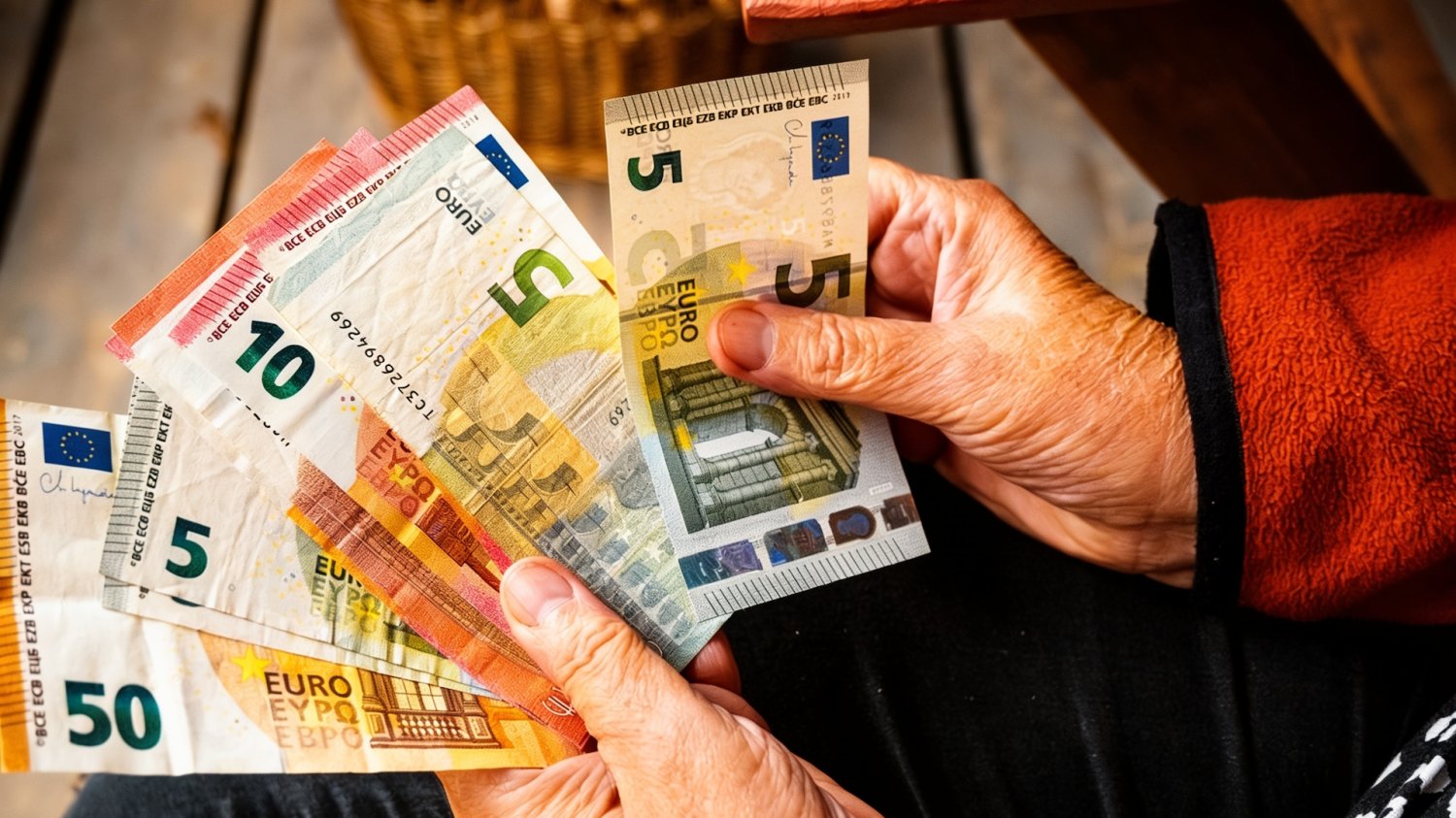 Pomarszczone dłonie seniora trzymające banknoty euro.