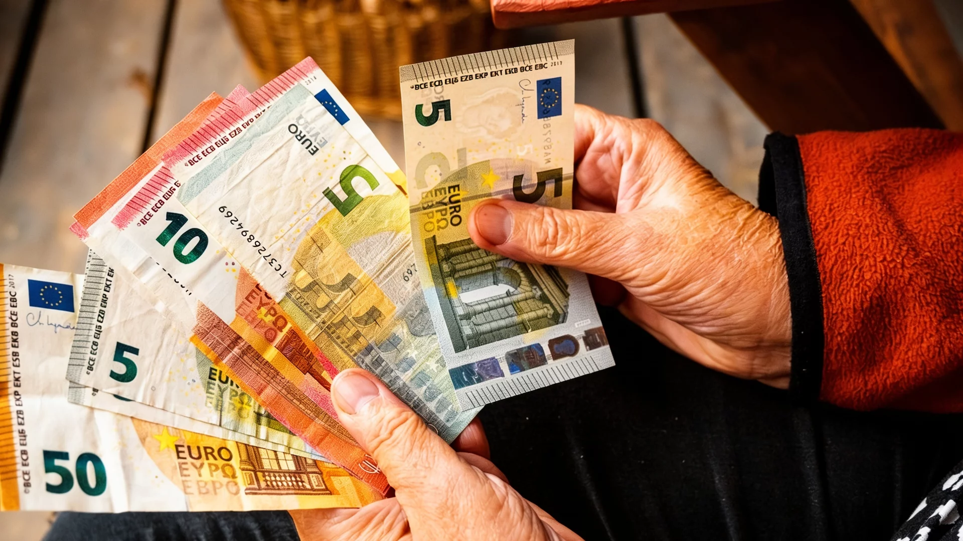 Pomarszczone dłonie seniora trzymające banknoty euro.