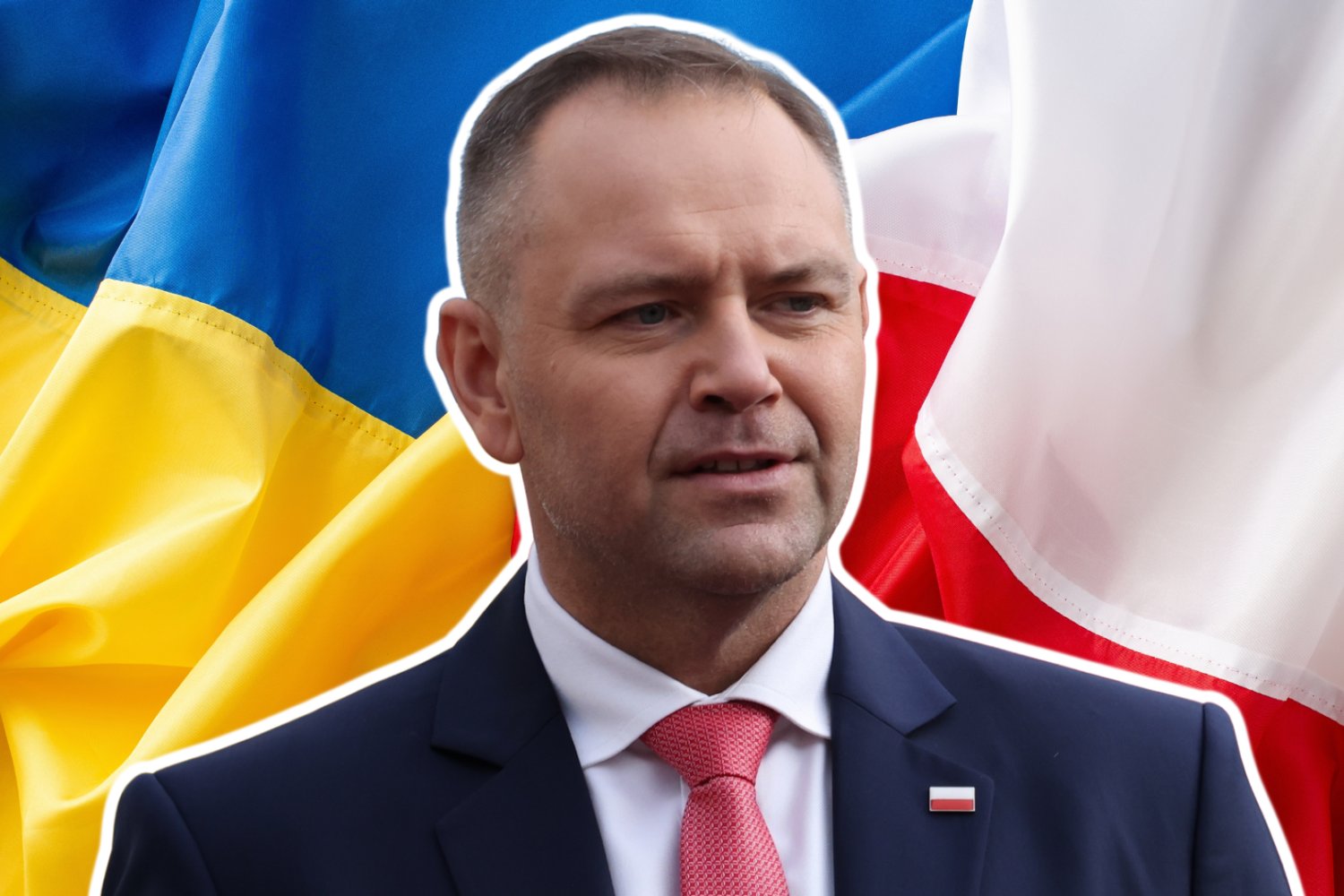 Karol Nawrocki, prezydent Polski. W tle flaga Polski i Ukrainy.