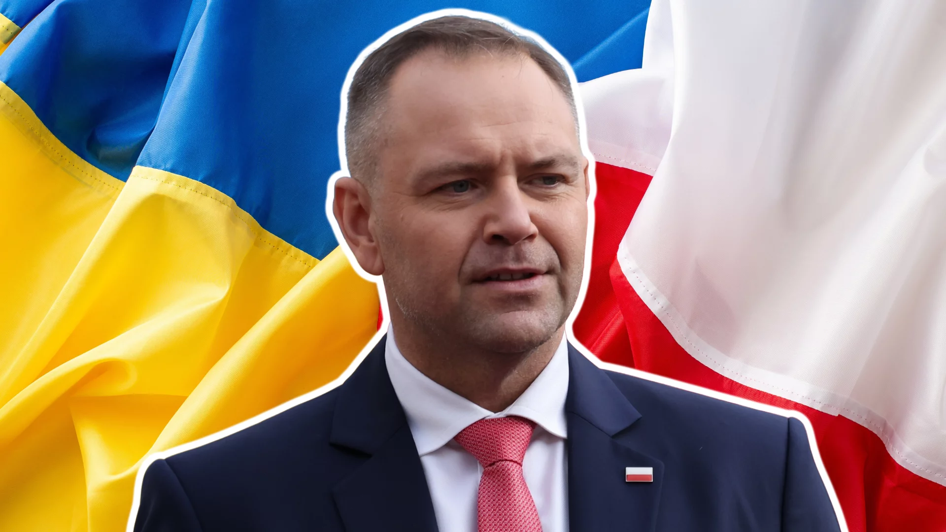 Karol Nawrocki, prezydent Polski. W tle flaga Polski i Ukrainy.